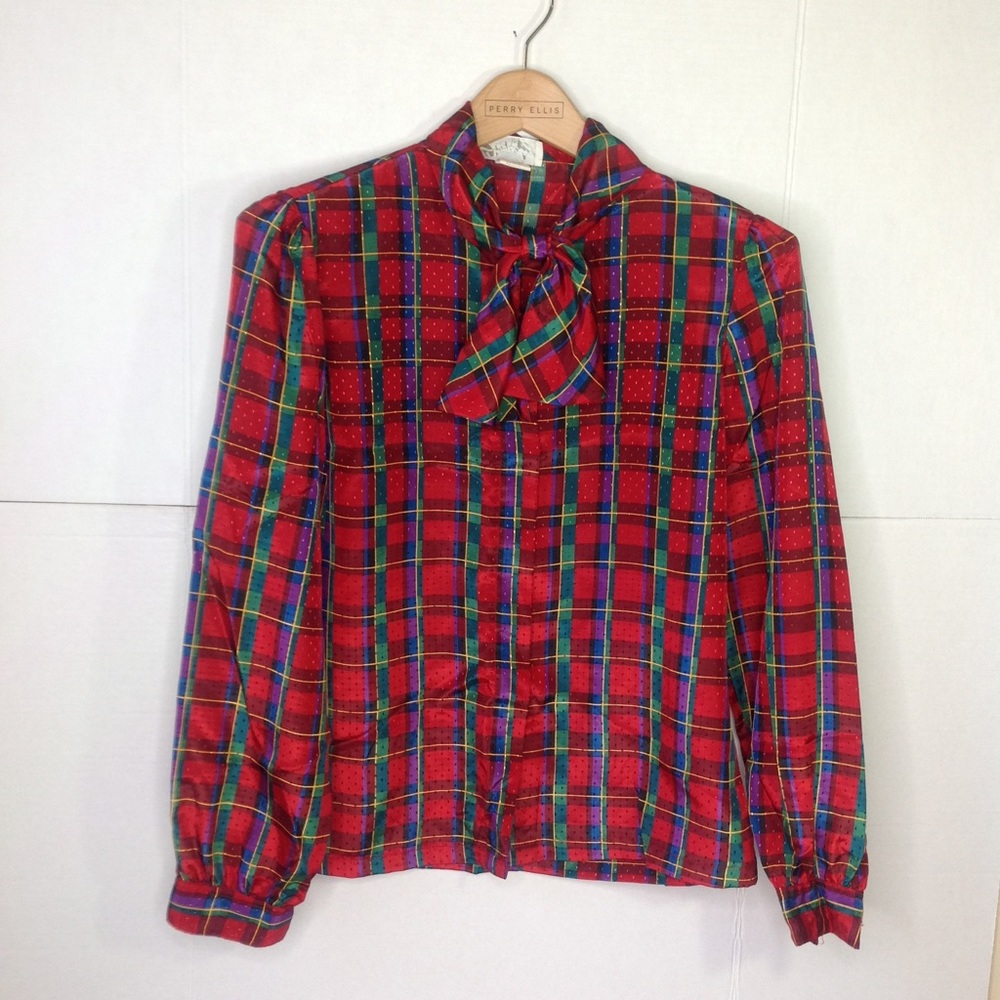 Vintage Red Plaid Blouse Blue Tartan Bow Tie